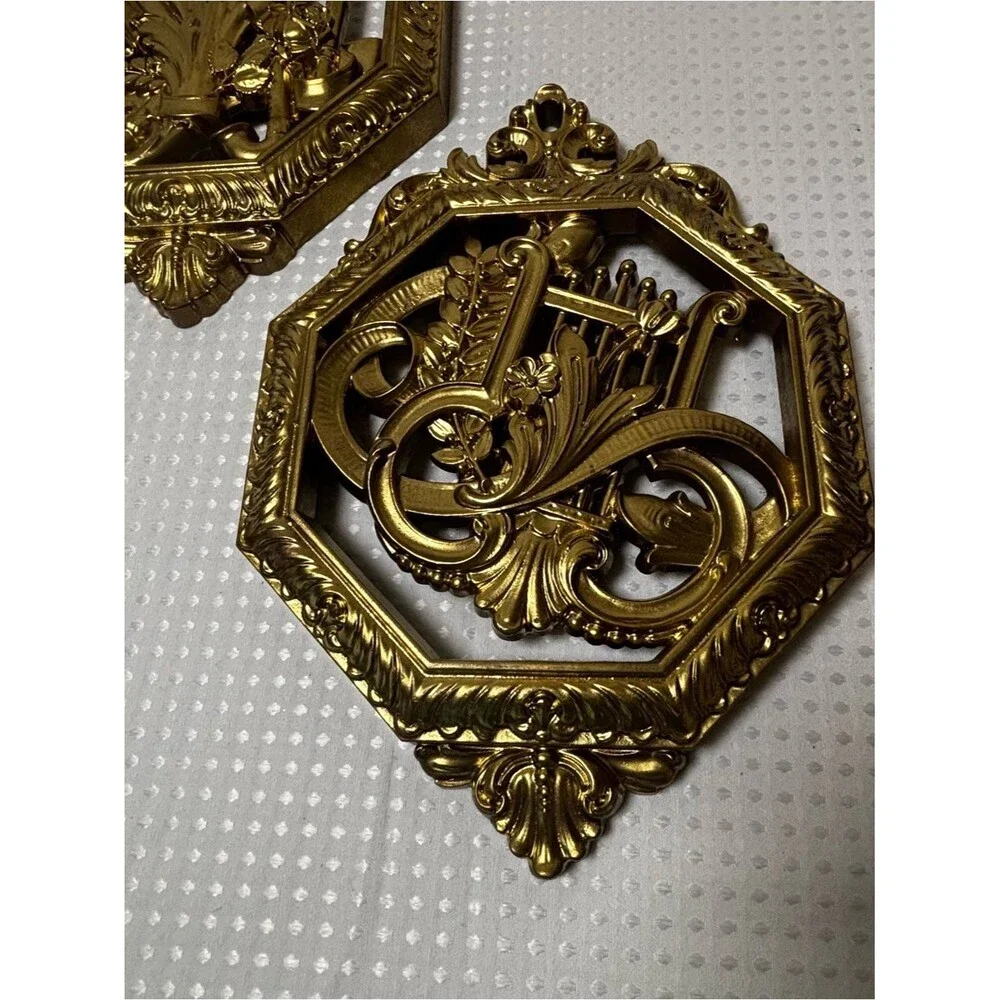 Dart Industries Homco Gold Hollywood Regency Musical Instrument Wall Plaques (3)